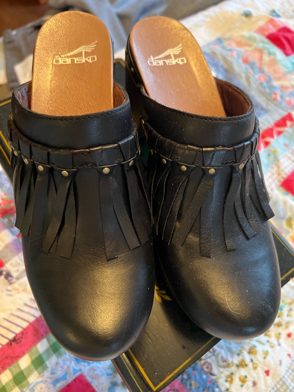 Dansko Black Leather Fringe Clog Mule
